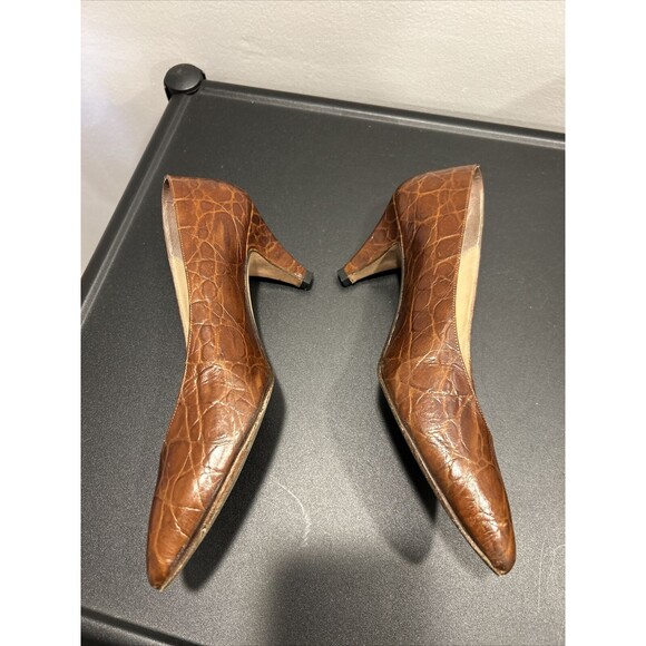 Vintage AMALFI Brown Leather Croco Textured MONICA Heels Womens 9AA Italy-B124 - Picture 7 of 11